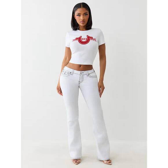 NWT True Religion Joey Low Rise Flare Big T Flap Jeans Size 24 White 31” Inseam - Picture 10 of 10